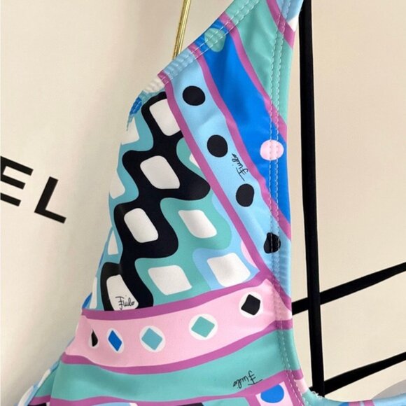 Emilio Pucci Blue and Pink Geometric One Piece Swimsuit - Picture 2 of 9